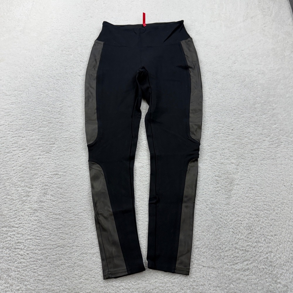 SPANX Black Faux Leather Trim High Waisted Active Leggings Women's S‎
